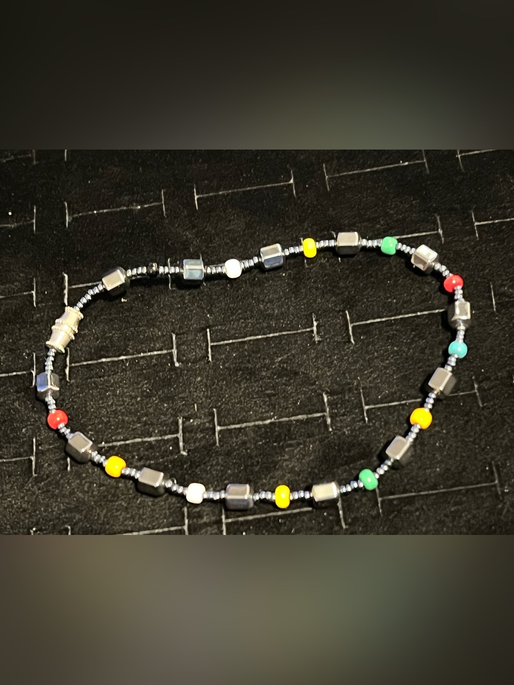 Handmade black  Hematite Beaded Necklace with Yellow & Green Accents